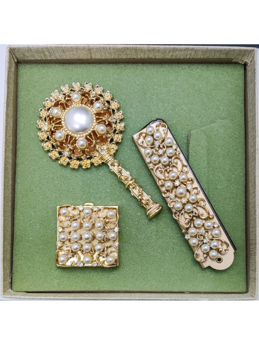 Vintage 50’s Signed Sam Fink Gold Tone Ornate Vanity Mirror Comb Jewelry Box